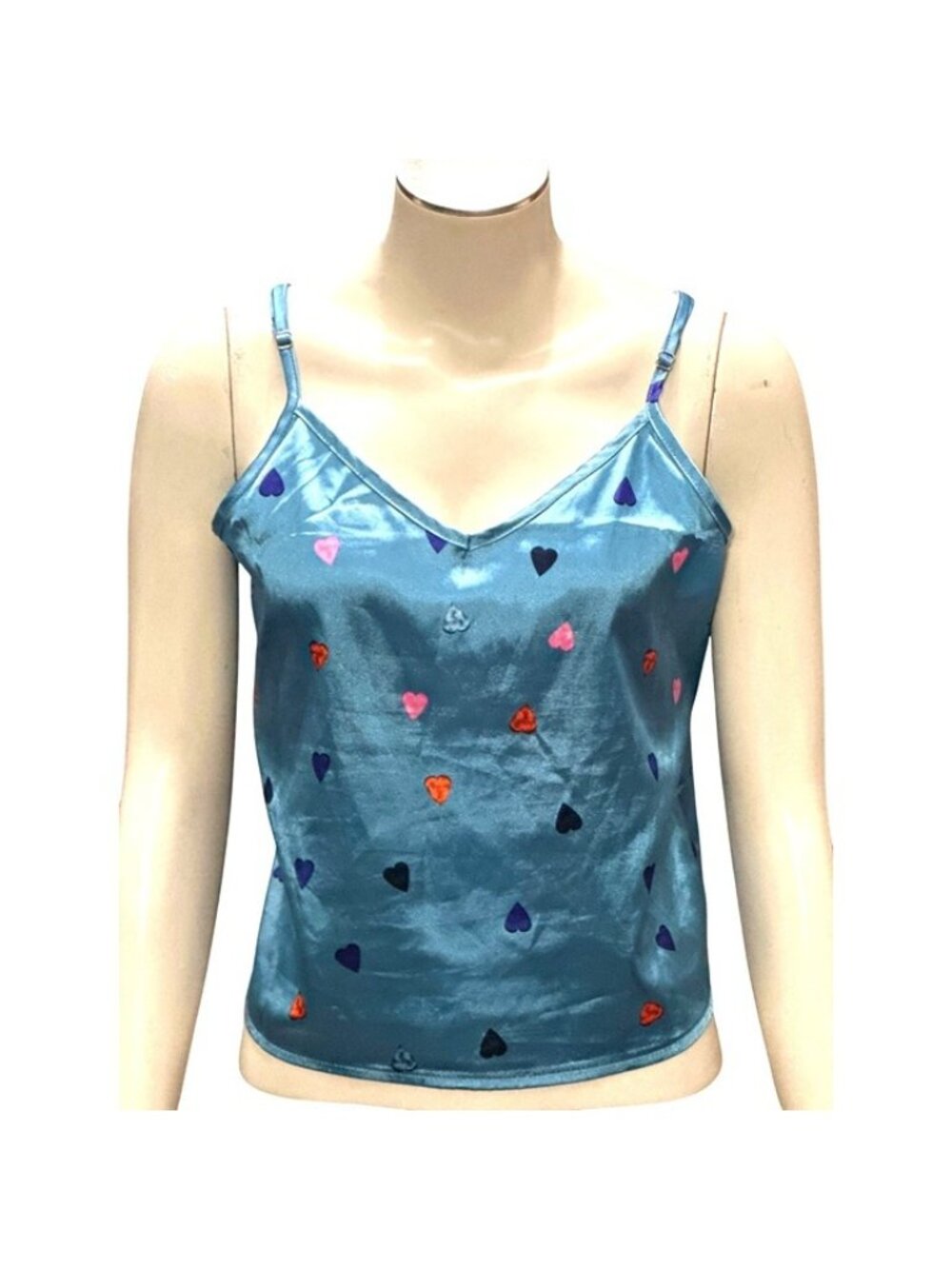 Blue Heart M Adjustable Strap Camisole Tank Top Cute Relaxed Satin Fit